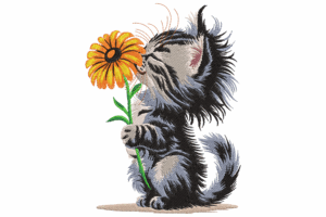 Kitten with Flower Embroidery Design