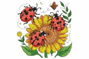 Ladybugs on Sunflower Embroidery Design