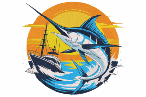Marlin Fish and Fishing Boat Embroidery Design