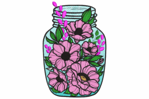 Mason Jar with Pink Flowers Embroidery Design
