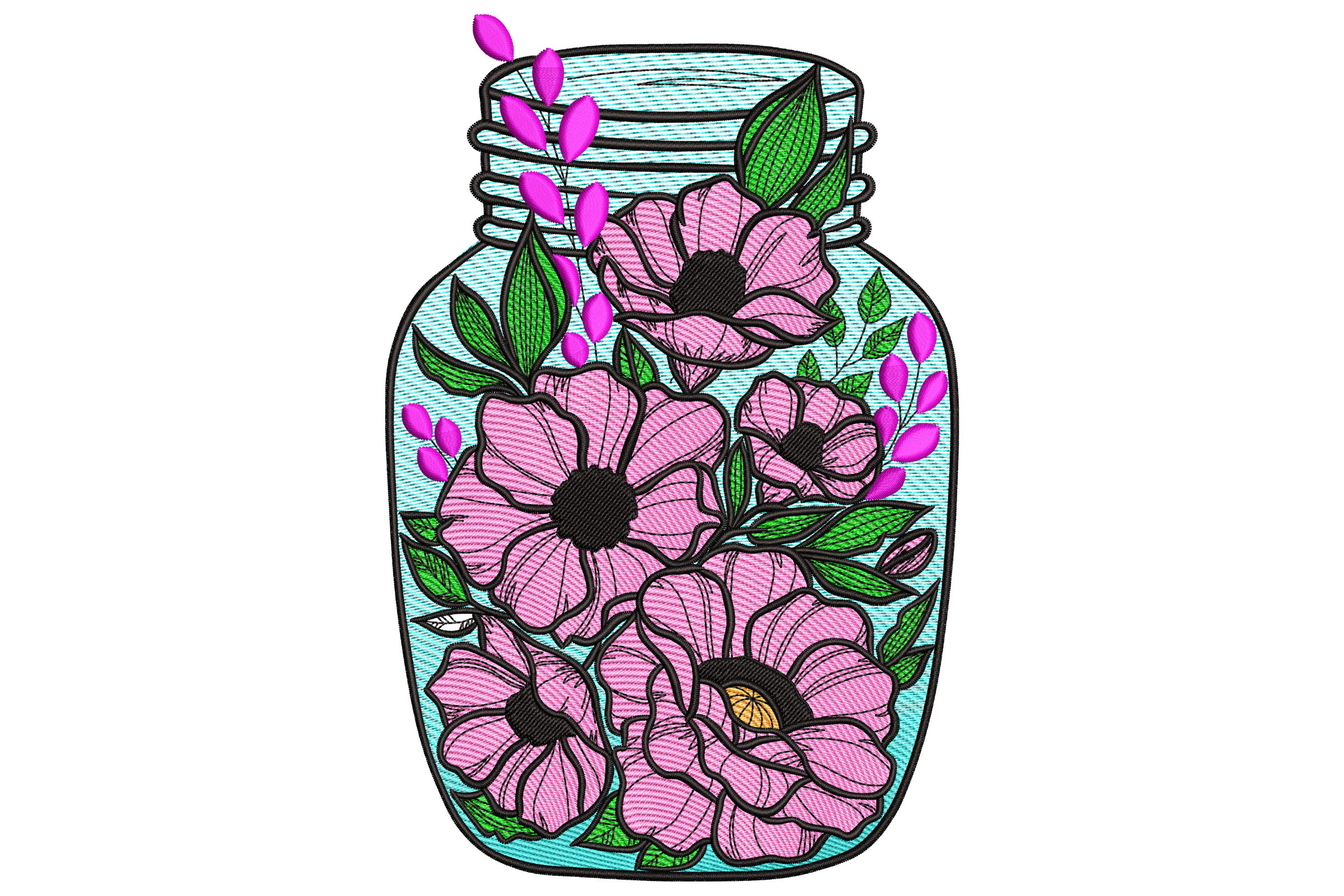 Mason Jar with Pink Flowers Embroidery Design