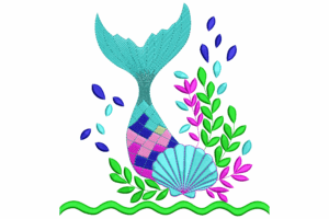 Mermaid Tail with Seashell and Seaweed Embroidery Design