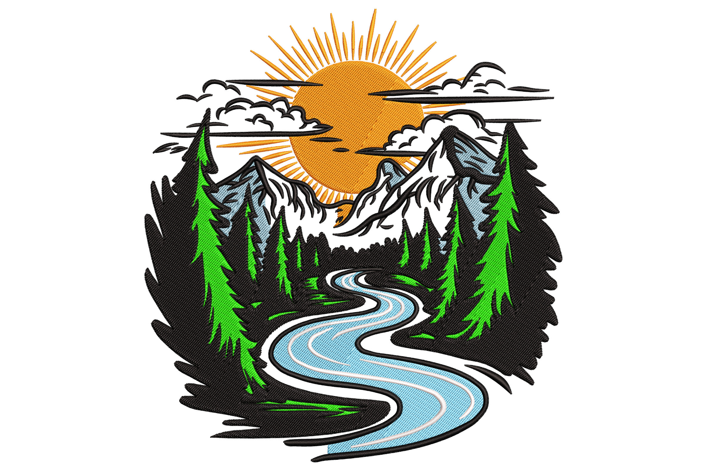 Mountain River Sunset Embroidery Design