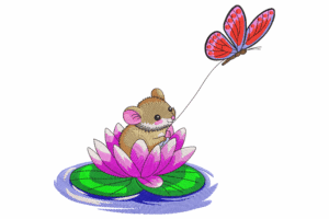 Mouse with Butterfly on Water Lily Embroidery Design