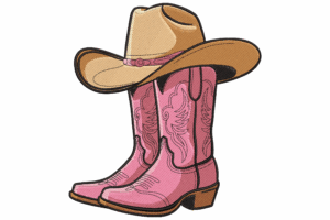 Pink Cowgirl Boots with Cowboy Hat Embroidery Design