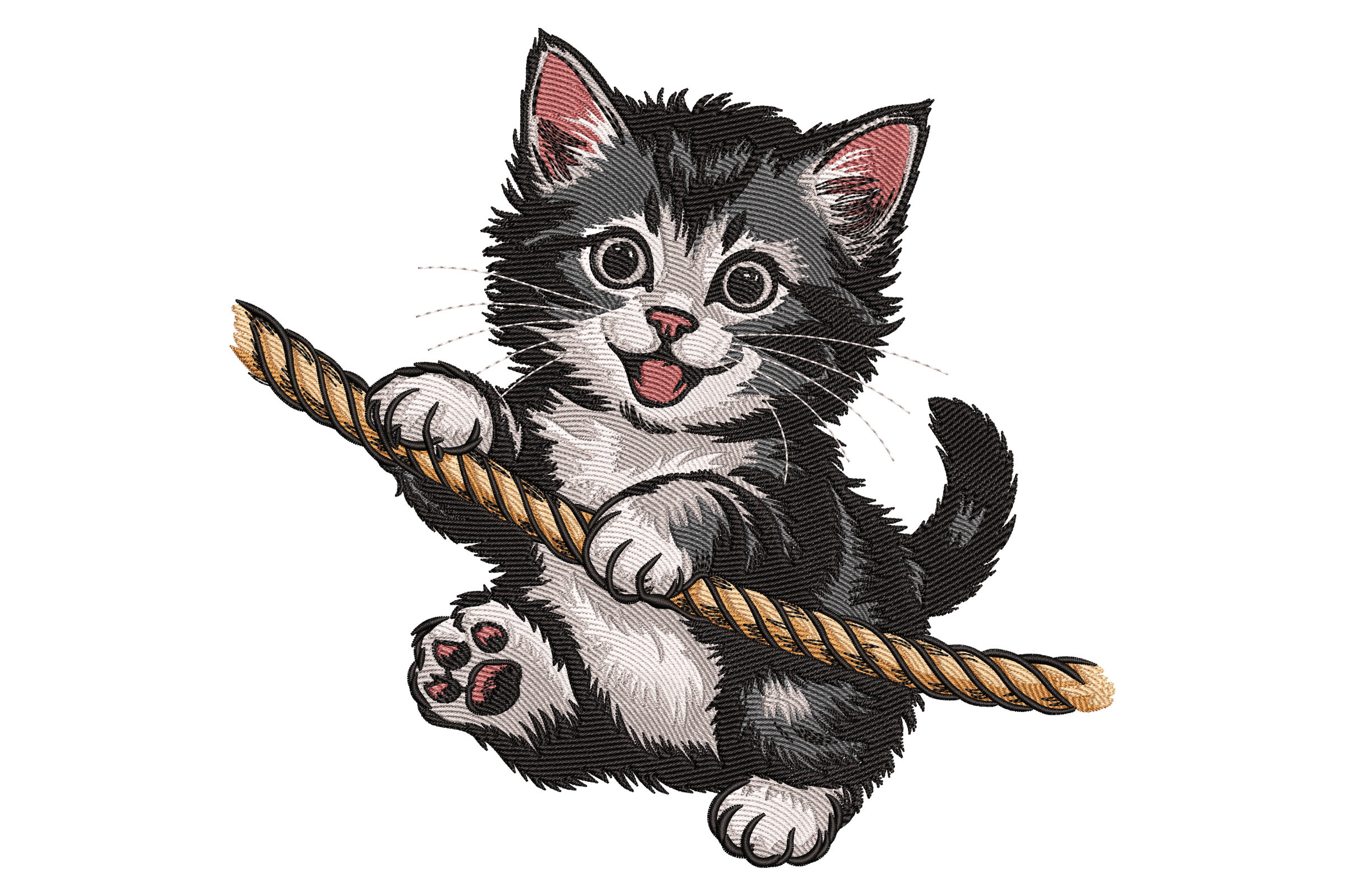 Playful Kitten on Rope Embroidery Design