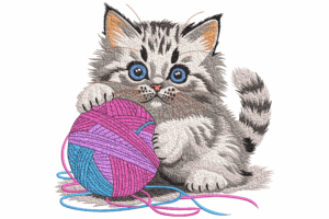 Playful Kitten with Yarn Ball Embroidery Design