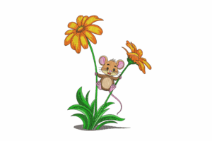 Playful Mouse with Orange Flowers Embroidery Design