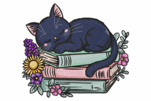 Premium Sleeping Cat on Books Embroidery Design