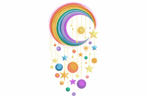 Rainbow Crescent Moon & Stars Embroidery Design