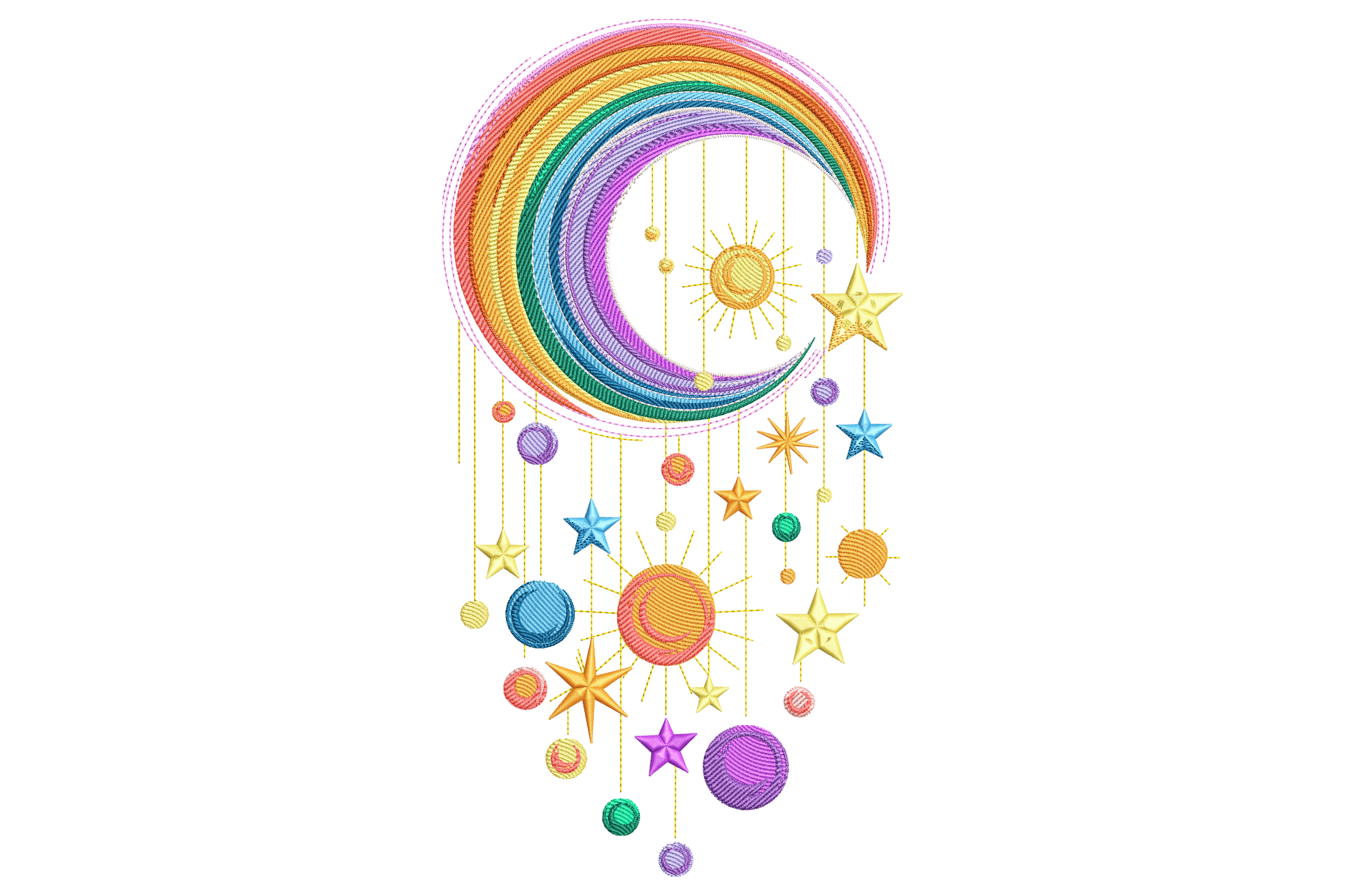 Rainbow Crescent Moon & Stars Embroidery Design
