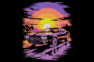 Retro Sunset Muscle Car Embroidery Design