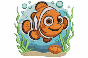 Smiling Clownfish Underwater Scene Embroidery Design
