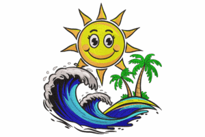 Smiling Sun with Ocean Waves Embroidery Design