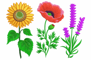 Sunflower, Poppy, and Lavender Embroidery Design