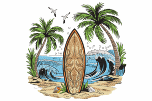 Surfboard on Beach Embroidery Design