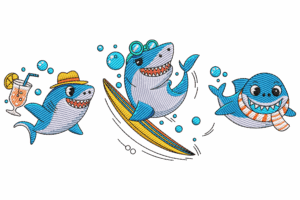 Three Cartoon Sharks Embroidery Design