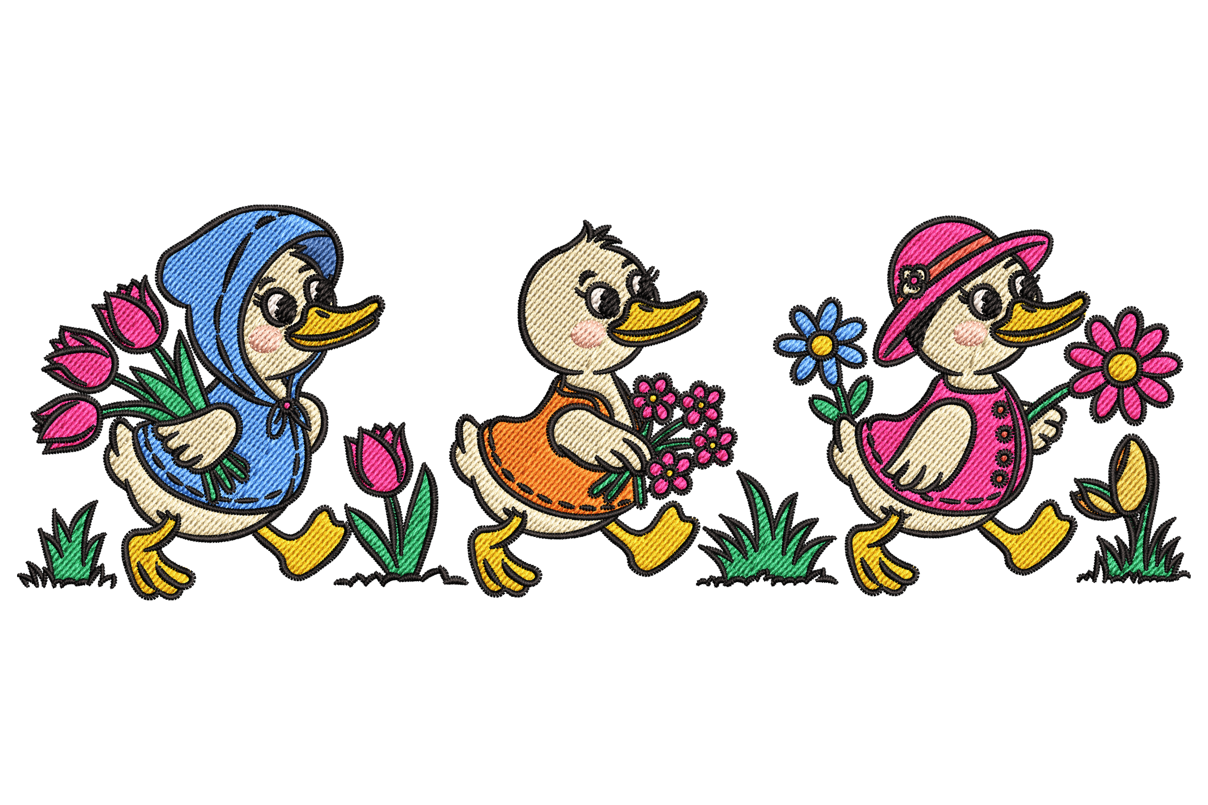 Three Ducks with Flowers Embroidery Design
