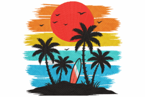 Tropical Beach Sunset with Surfboard Embroidery Design