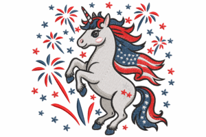 Unicorn with USA Flag Hair & Fireworks Embroidery Design