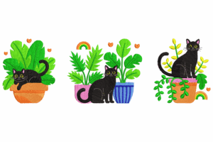 Black Cat with Houseplants Embroidery Design