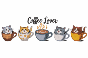 Coffee Lover Cats in Cups Embroidery Design