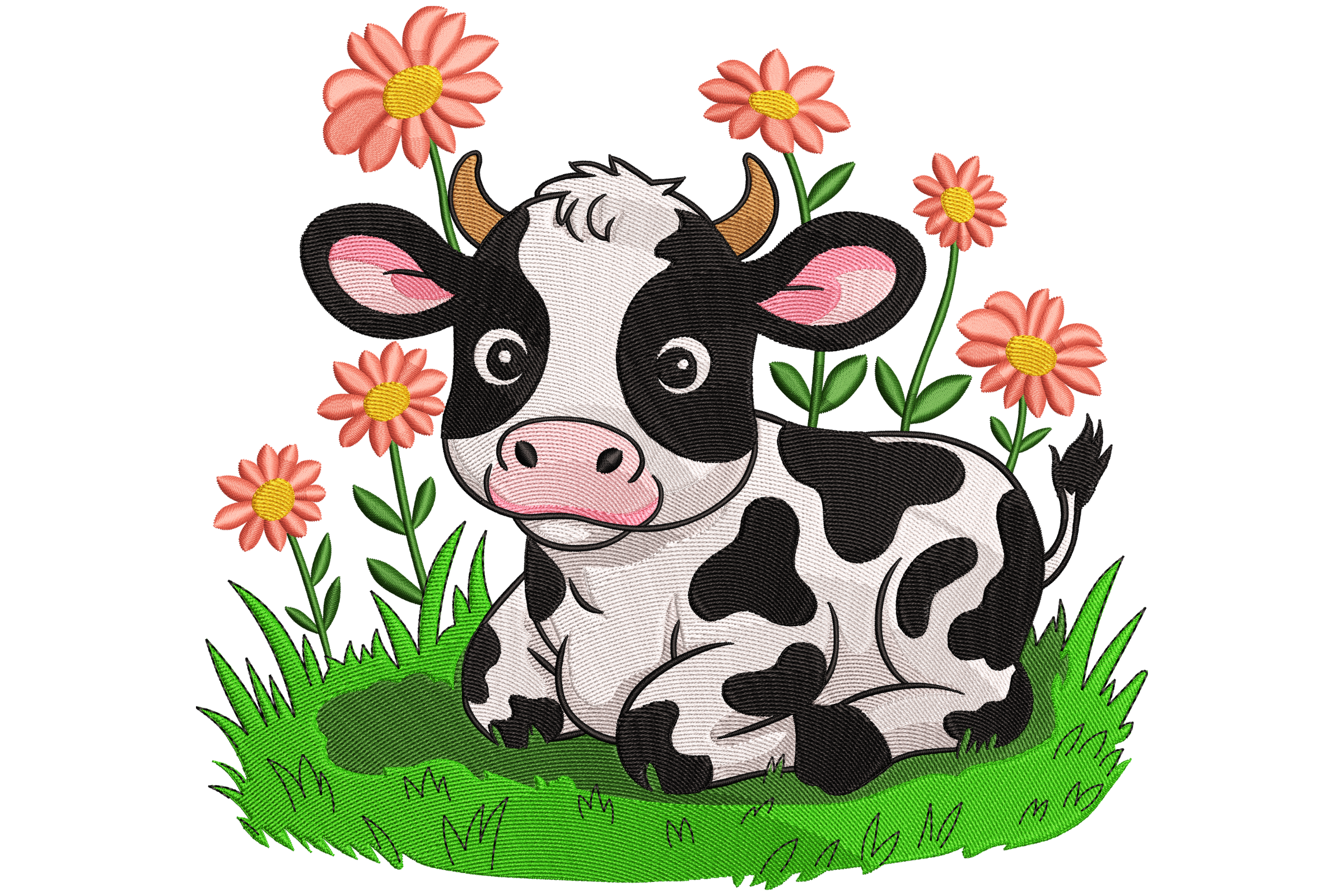 Cute Baby Cow with Flowers Embroidery Design