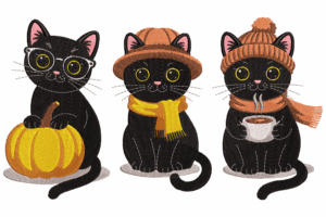 Cute Black Cats with Pumpkin Scarf Coffee Embroidery Design