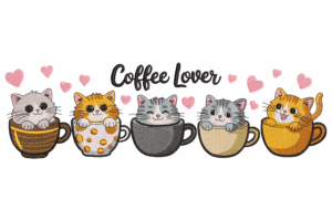 Cute Cats in Coffee Cups Embroidery Design