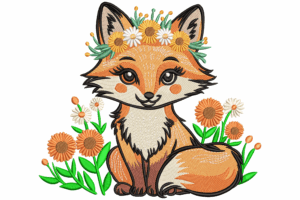 Cute Fox with Flower Crown Embroidery Design