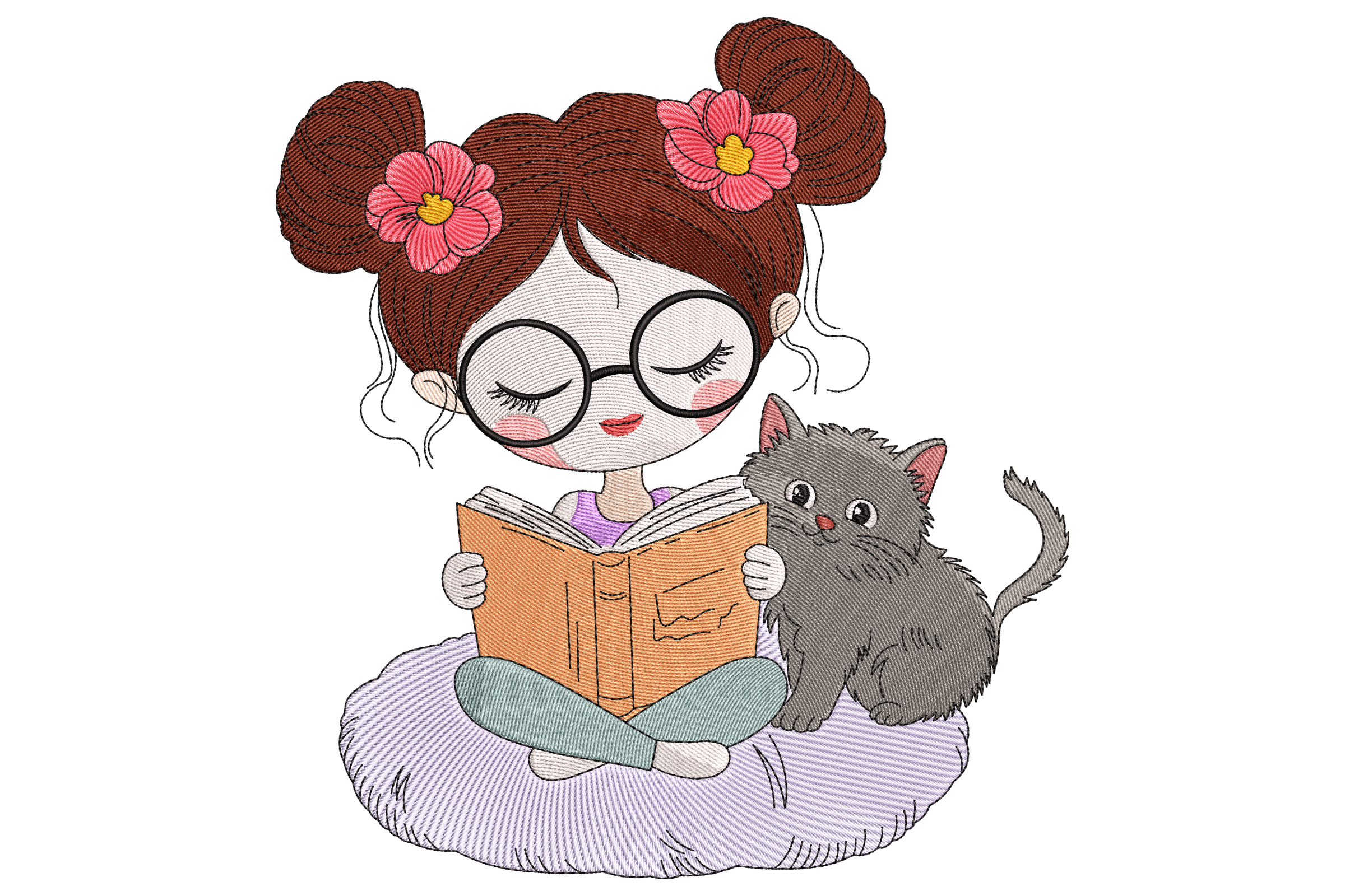 Cute Girl Reading with Cat Embroidery Design