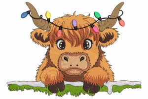 Cute Highland Cow with Christmas Lights Embroidery Design