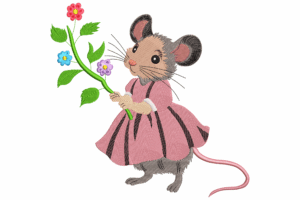 Cute Mouse in Dress Holding Flowers Embroidery Design