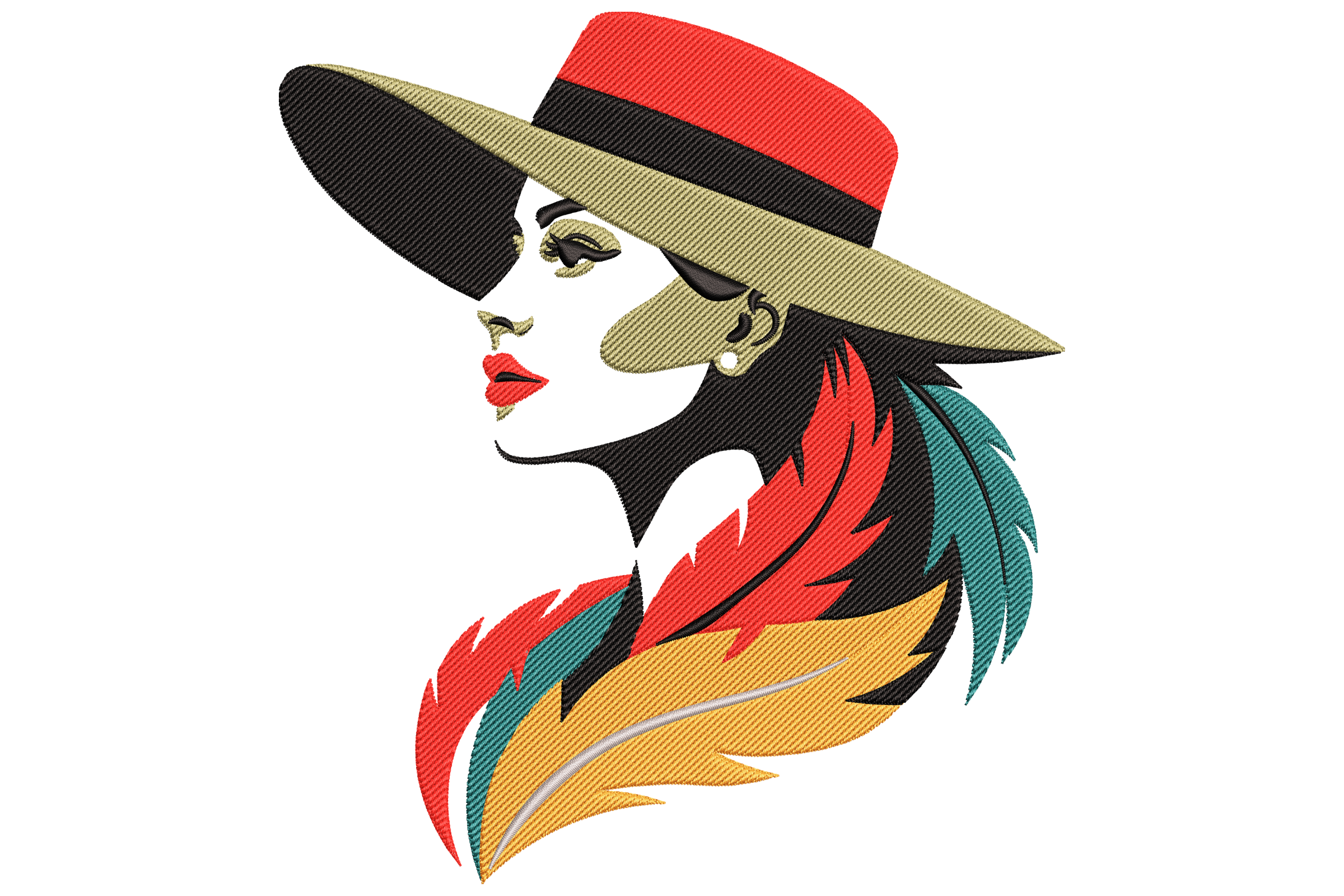Elegant Lady with Hat and Feathers Embroidery Design