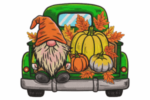 Fall Gnome in Truck with Pumpkins Embroidery Design