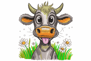 Funny Cow Face with Flowers Embroidery Design