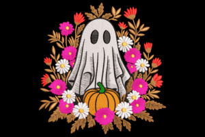 Ghost with Pumpkin and Flowers Embroidery Design