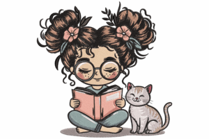 Girl Reading Book with Cat Embroidery Design