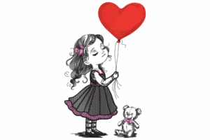 Girl with Heart Balloon & Teddy Bear Embroidery Design