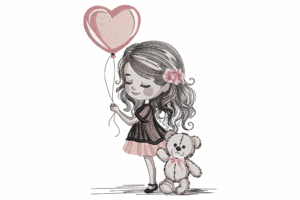 Girl with Heart Balloon and Teddy Bear Embroidery Design