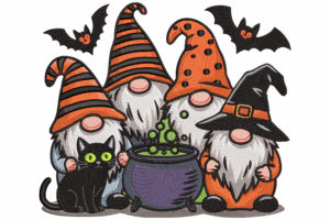 Halloween Gnome Group with Cauldron Embroidery Design