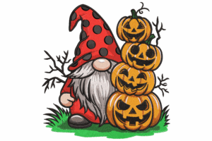 Halloween Gnome with Jack-O’-Lantern Stack Embroidery Design