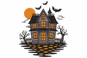 Haunted House with Bats Halloween Embroidery Design