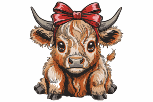 Highland Cow with Red Bow Embroidery Design