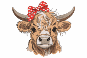 Highland Cow with Red Dot Bow Embroidery Design