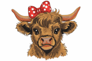 Highland Cow with Red Polka Dot Bow Embroidery Design