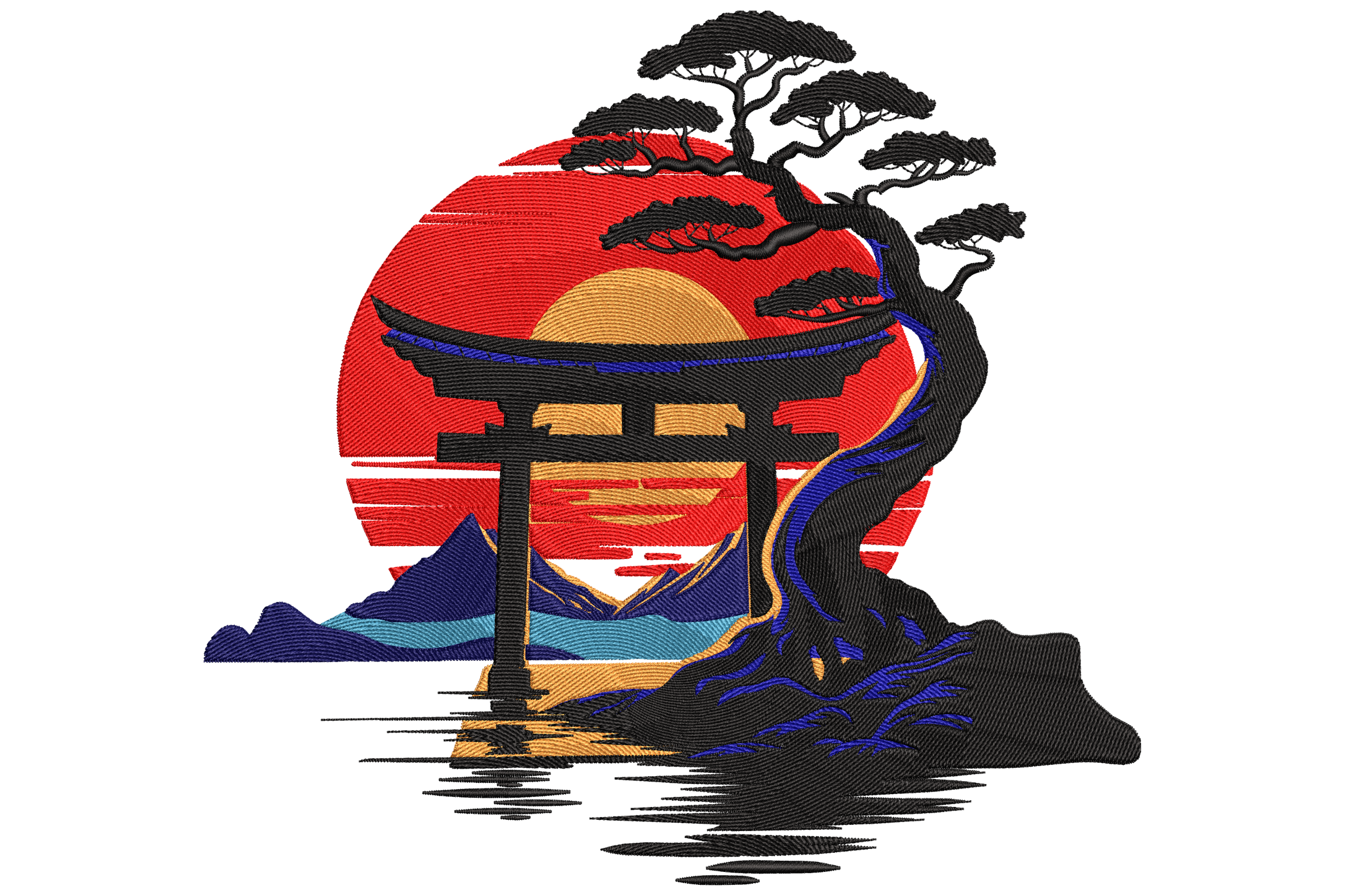 Japanese Torii Gate Sunset Embroidery Design