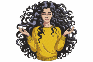 Meditating Woman with Curly Hair Embroidery Design