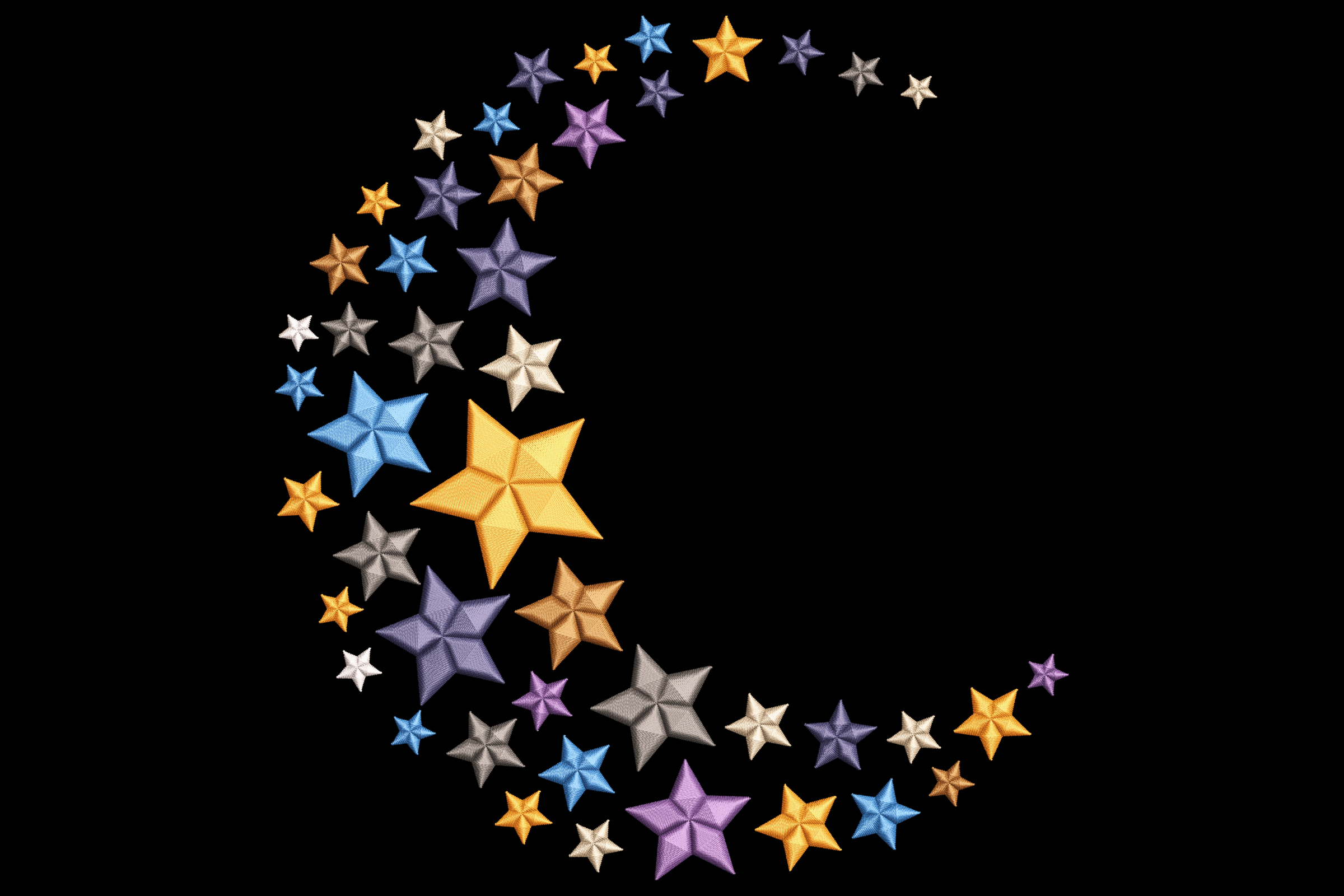 Free Moon Crescent with Colorful Stars Embroidery Design