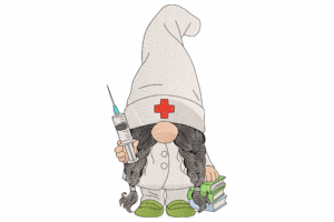 Nurse Gnome with Syringe and Books Embroidery Design
